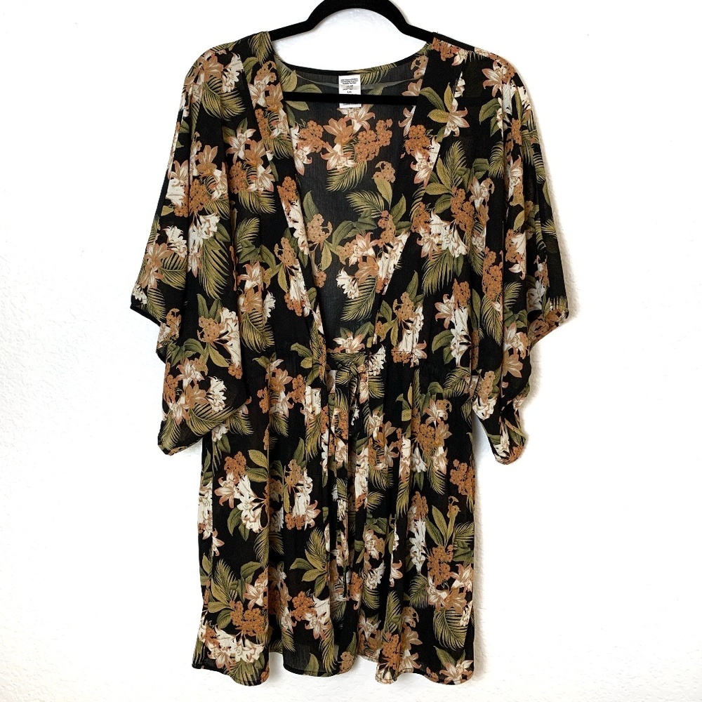 Black Floral Swimsuit Cover Up L/XL Robe Style Tie Front Georgette Tropical